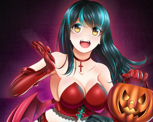 Обои картинки фото аниме, магия,  колдовство,  halloween, тыква, фон, взгляд, девушка