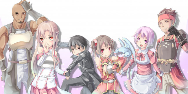 Обои картинки фото sword art online, аниме, дракон, парни, фон, взгляд, девушки