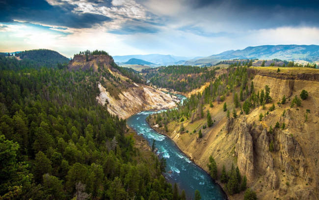 Обои картинки фото природа, реки, озера, панорама, река, тучи, небо, ущелье, лес, деревья, горы