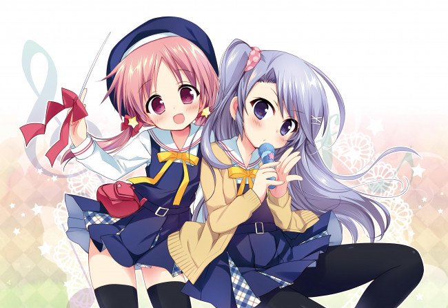 Обои картинки фото аниме, unknown,  другое, нагаяма, yuunon, микрофон, румянец, шляпа, seifuku, thighhighs, розовые, волосы, колготки, голубые