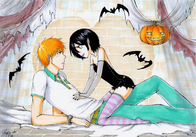 Обои картинки фото аниме, bleach, арт, блич, пара, романтика, ичиго, куросаки, рукия, кучики