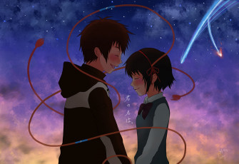 Картинка аниме kimi+no+na+wa взгляд девушка парень фон