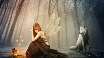 Картинка фэнтези фотоарт девушка фон взгляд лес волк