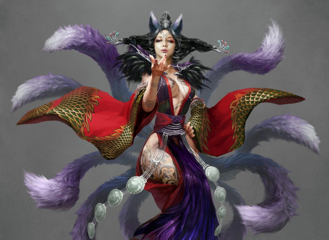 Обои картинки фото фэнтези, существа, фон, девушка, хвосты, уши, татуировки, арт
