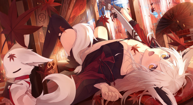 Обои картинки фото аниме, животные,  существа, осень, зонт, меч, зверёк