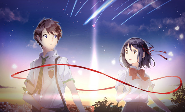 Обои картинки фото аниме, kimi no na wa, парень, фон, взгляд, девушка