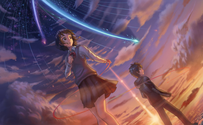 Обои картинки фото аниме, kimi no na wa, взгляд, парень, фон, девушка