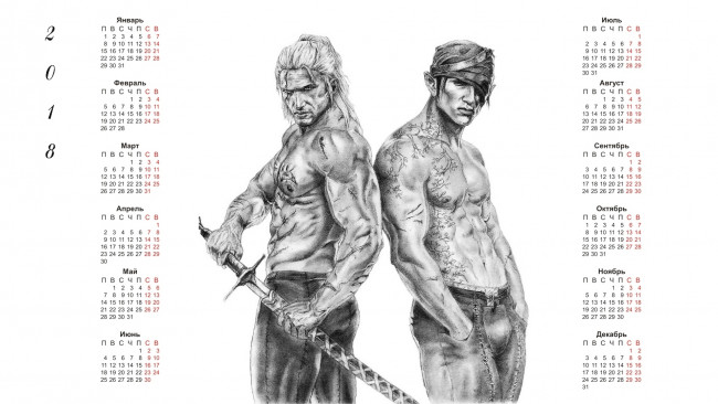 Обои картинки фото календари, фэнтези, тату, двое, 2018, мужчина