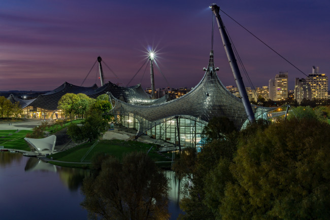 Обои картинки фото olympic park munich, города, мюнхен , германия, панорама, огни, ночь