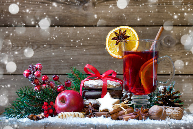 Обои картинки фото праздничные, угощения, печенье, орехи, апельсин, чай