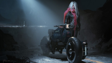 Картинка фэнтези девушки транспорт illustration art мотоцикл ночь девушка