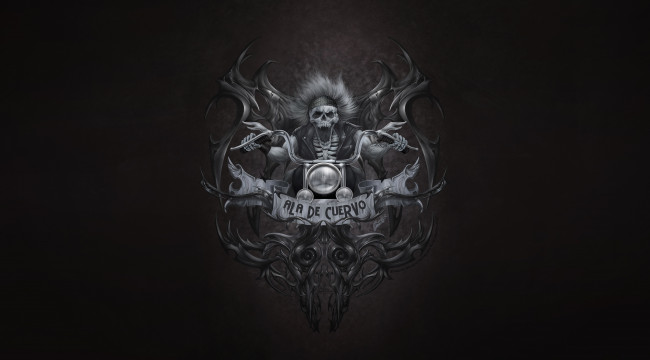 Обои картинки фото рисованное, минимализм, creatures, biker, science, fiction, motorcycle, байкер, characters, illustration, скелет, skull, fantasy, фон, мотоцикл, стиль, Череп