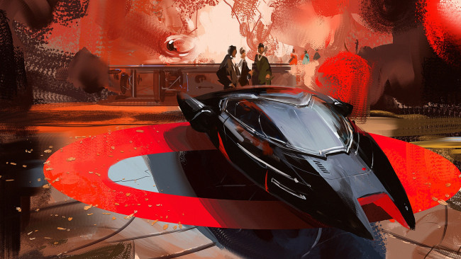 Обои картинки фото фэнтези, космические корабли,  звездолеты,  станции, by, darek, zabrocki, people, фантастика, арт, fantasy, авто, car, red, стиль, машина