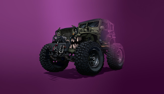 Обои картинки фото рисованное, минимализм, car, фон, машина, jeep, vehicles, оскал, транспорт, illustration, art, creatures, transport, зубы