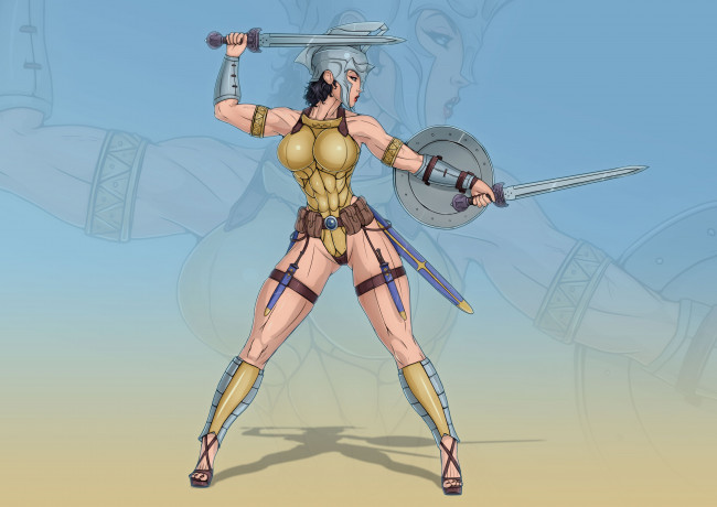 Обои картинки фото рисованное, комиксы, оружие, фон, взгляд, девушка