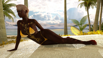 Картинка 3д+графика люди+ people девушка пляж купальник тату фон