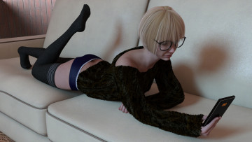 Картинка 3д+графика люди+ people смартфон очки диван фон девушка