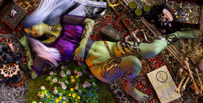 Обои картинки фото 3д графика, фантазия , fantasy, девушка, фон, ковер, цветы, кости, смартфон