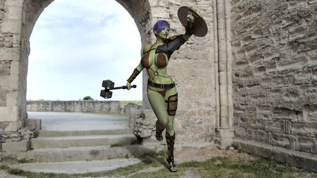 Обои картинки фото 3д графика, фантазия , fantasy, девушка, фон, купальник, щит, молот