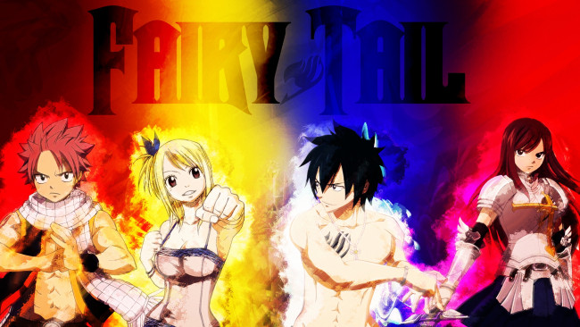 Обои картинки фото аниме, fairy tail, natsu, dragneel, lucy, gray, erza, scarlet, маги, волшебники