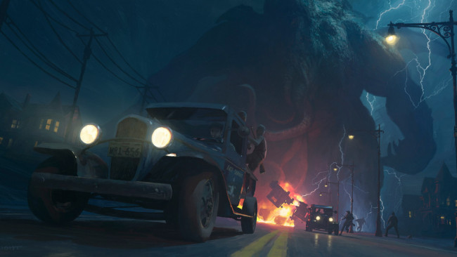 Обои картинки фото фэнтези, иные миры,  иные времена, машины, люди, город, дорога, монстр, взрыв