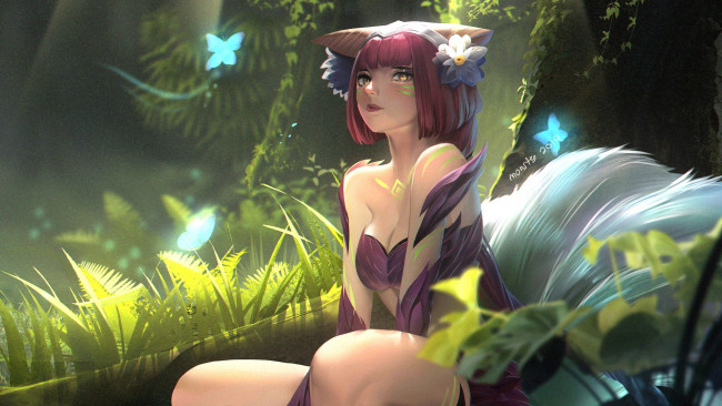 Обои картинки фото видео игры, league of legends, ahri, хвосты, бабочка, природа