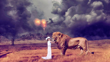 Картинка разное компьютерный+дизайн девочка лев пустыня мельница горы тучи
