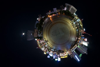 обоя города, - огни ночного города, oбьeктив, рыбий, глаз, панорамная, сфера, здание, ночь, город, простой, фон, изображение, городских, огней, gital, art