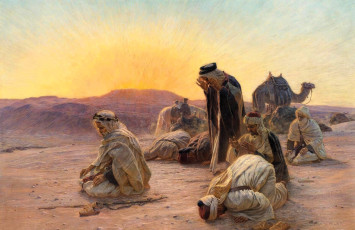 обоя рисованное, otto pilny, бедуины, верблюд, пустыня, горы, намаз