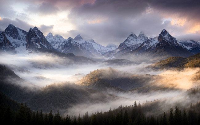 Обои картинки фото рисованное, природа, горы, лес, туман, нейросеть