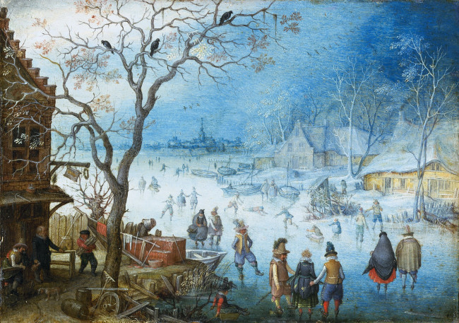 Обои картинки фото christoffel van den berghe - winter landscape, рисованное, живопись, художественная, галерея, гаага, нидерланды, маурицхeйс, берге, кристофель, ван, де, зимний, пейзаж, berge, christoffel, van, den