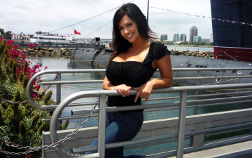 Картинка девушки denise+milani брюнетка топ джинсы мост подводная лодка