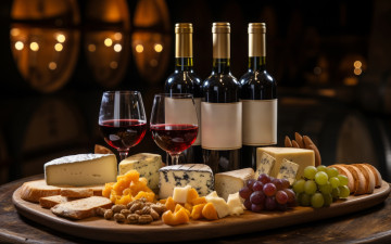обоя еда, разное, бутылки, бокалы, вино, сыр, ассорти, хлеб