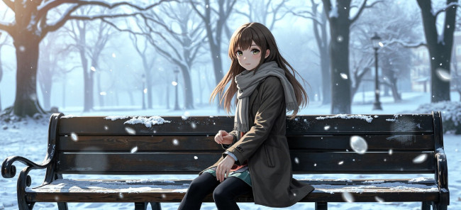 Обои картинки фото аниме, зима,  новый год,  рождество, девушка, шарф, куртка, юбка, скамейка, парк, снег, деревья
