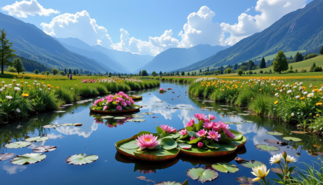 Обои картинки фото автор wp stl, разное, компьютерный дизайн, горы, облака, река, отражение, лотосы