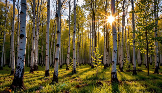 Обои картинки фото автор wp stl, рисованное, природа, березовая, роща, трава, солнце