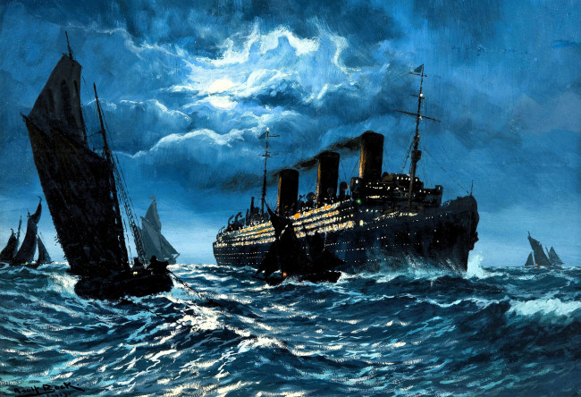 Обои картинки фото рисованное, adolf bock, корабли, парусники, теплоход, море, тучи