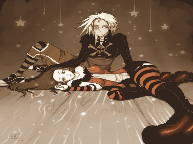 Обои картинки фото аниме, *unknown, другое, парень, девушка, звезды