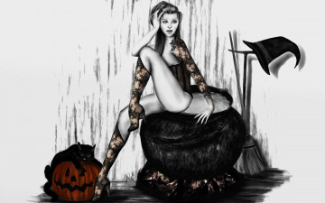 Картинка рисованные люди девушка кот тыква метла