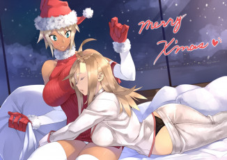 Картинка аниме merry chrismas winter девочки костюм окно ночь real+xxiii's+ahoge+girl real+xxiii's+dark+skinned+girl кровать шапка мешок подарки свитер снег
