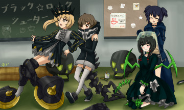 Картинка аниме black rock shooter девочки веселье школа череп yuu kuroi mato takanashi yomi izuriha kagari