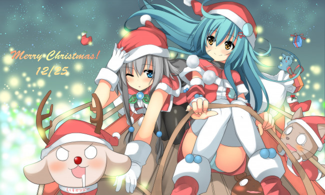 Обои картинки фото аниме, merry, chrismas, winter, девочки
