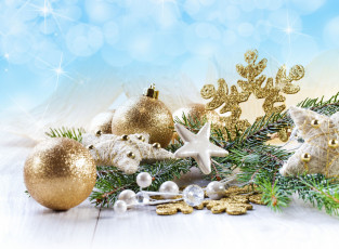 Картинка праздничные украшения снежинки звёзды шарики ветка