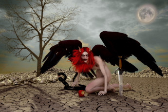 Картинка 3д+графика creatures+ существа демон луна змея рога меч крылья