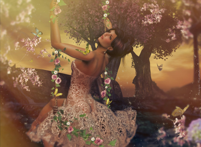 Обои картинки фото 3д графика, people , люди, цветы, платье