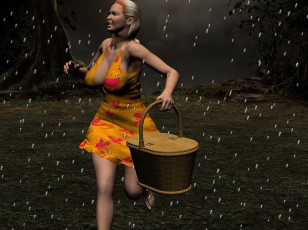 Картинка 3д+графика люди+ people дождь корзина фон взгляд девушка