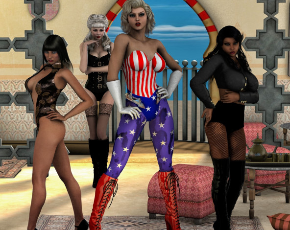 Обои картинки фото 3д графика, люди , people, фон, стулья, взгляд, девушки