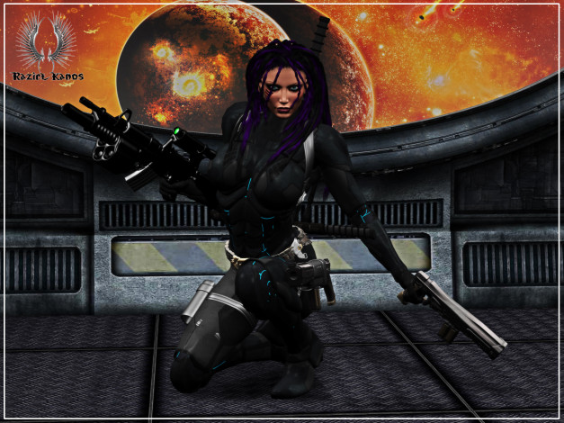 Обои картинки фото 3д графика, фантазия , fantasy, взгляд, планеты, фон, оружие, девушка