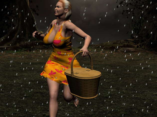 Обои картинки фото 3д графика, люди , people, дождь, корзина, фон, взгляд, девушка