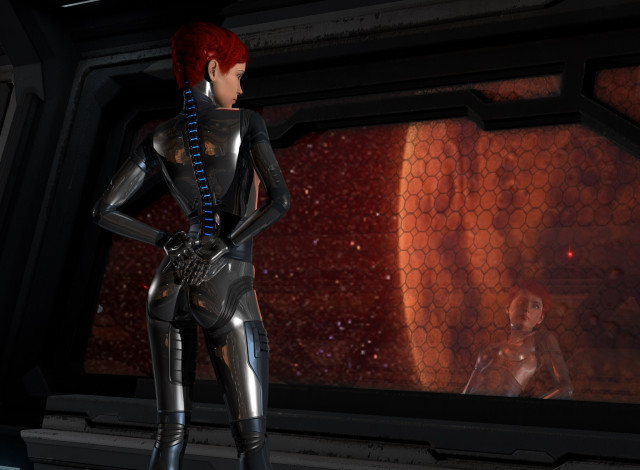 Обои картинки фото 3д графика, фантазия , fantasy, девушка, рыжая, фон, взгляд